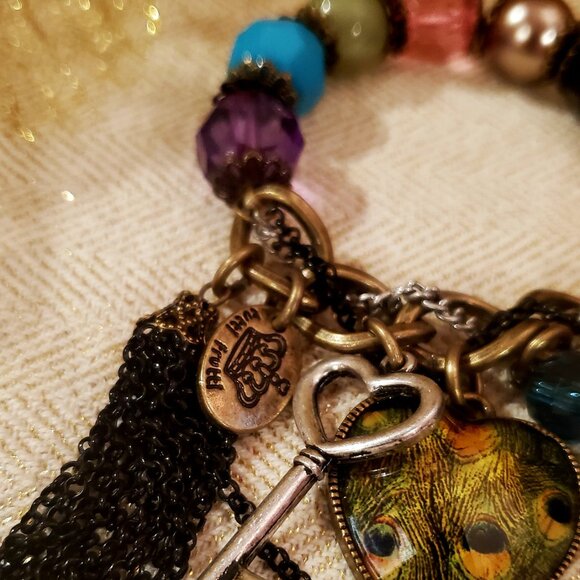 Bohemian Charm Bracelet – Colorful Gem Beads with Heart, Leaf & Key Accents, Gif - Picture 2 of 4